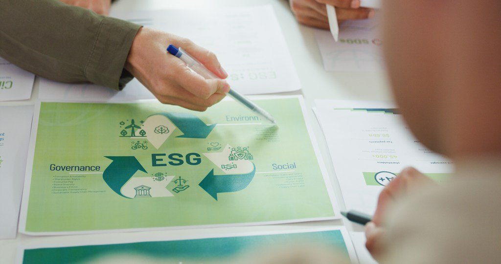 Visual showing ESG compliance icons and sustainable practices